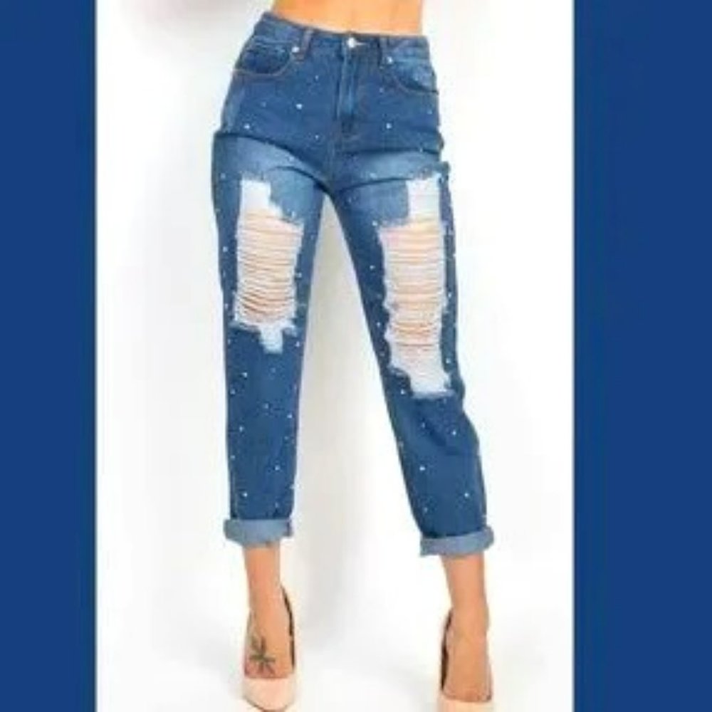 New Rhinestone Studded Distressed Jeans High Rise High Waist Straight leg